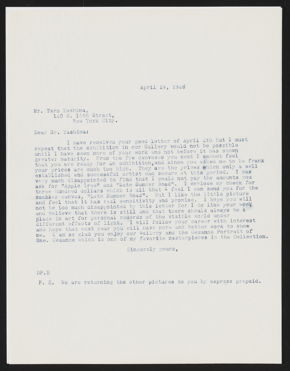 Letter from Duncan Phillips to Taro Yashima